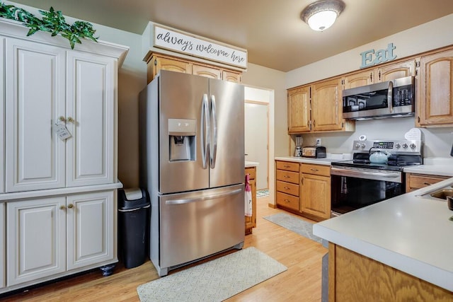 kitchen featuring light countertops, appliances with stainless steel finishes, a sink, and light wood-style floors