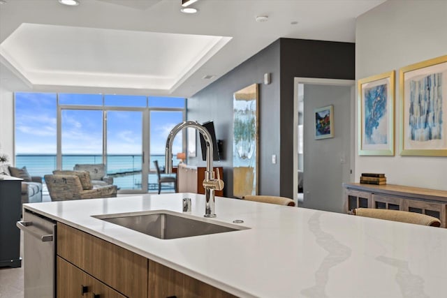 kitchen featuring a raised ceiling, open floor plan, a sink, light stone countertops, and dishwasher