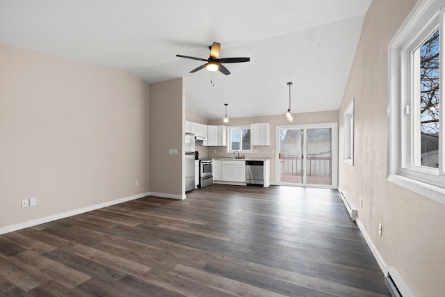 unfurnished living room featuring plenty of natural light, a sink, and dark wood finished floors