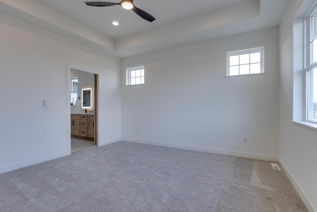 unfurnished bedroom with a tray ceiling, light colored carpet, and baseboards