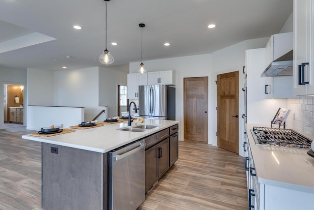 kitchen featuring stainless steel appliances, wall chimney exhaust hood, light wood-type flooring, and a sink