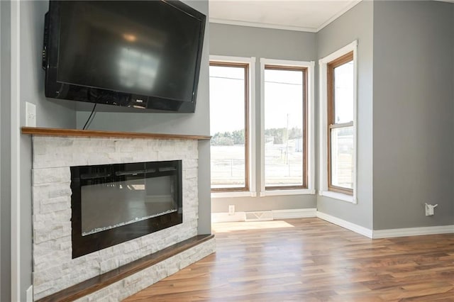 unfurnished living room with ornamental molding, a stone fireplace, wood finished floors, and baseboards