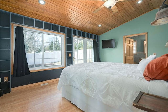 bedroom featuring lofted ceiling, wooden ceiling, recessed lighting, wood finished floors, and visible vents