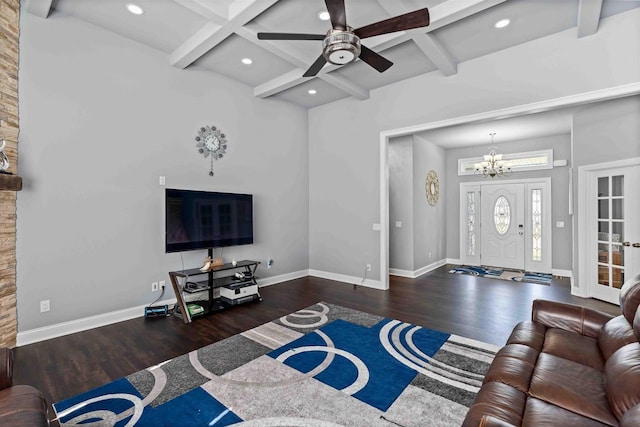 living room with beam ceiling, wood finished floors, baseboards, and coffered ceiling