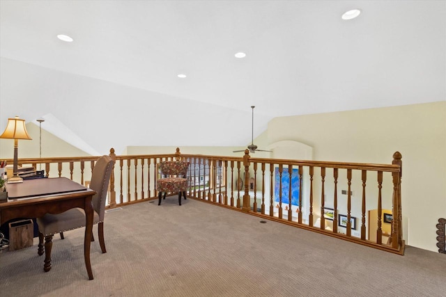 living area with lofted ceiling, carpet floors, a ceiling fan, and recessed lighting