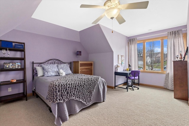 bedroom featuring vaulted ceiling, carpet flooring, and baseboards