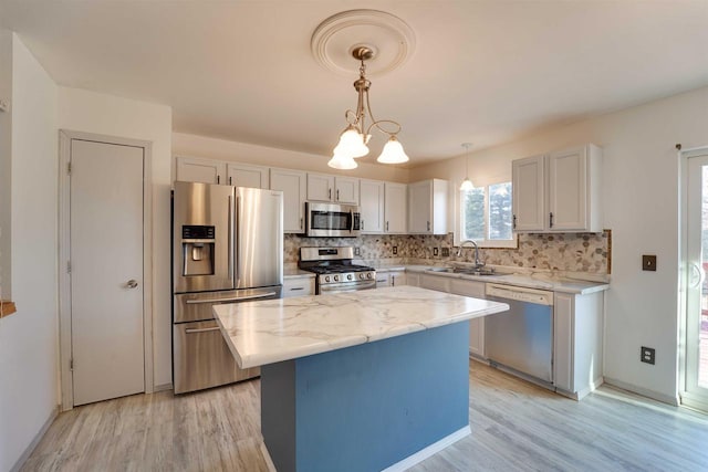 kitchen featuring a center island, light wood finished floors, backsplash, appliances with stainless steel finishes, and a sink