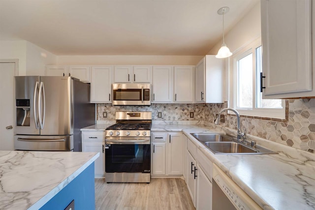 kitchen with stainless steel appliances, backsplash, a sink, and white cabinetry