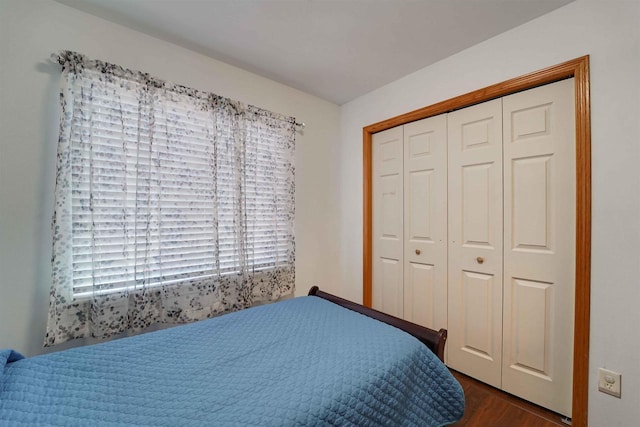 bedroom featuring dark wood-style flooring and a closet