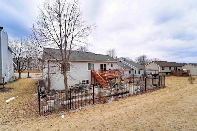 back of house with fence, stairway, a patio, and a wooden deck