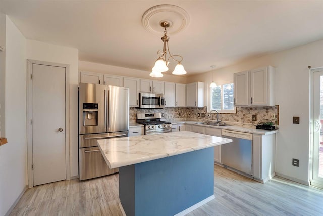 kitchen with stainless steel appliances, a sink, light wood-style floors, a center island, and tasteful backsplash