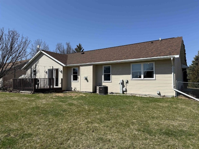 1080 Jaystone Ter, Waterloo, WI 53594 - back of house with a wooden deck, central air condition unit, and roof with shingles