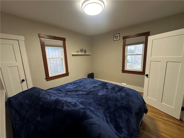 bedroom featuring multiple windows and wood finished floors