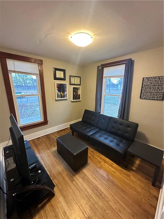 living area featuring baseboards, hardwood / wood-style floors, and a healthy amount of sunlight