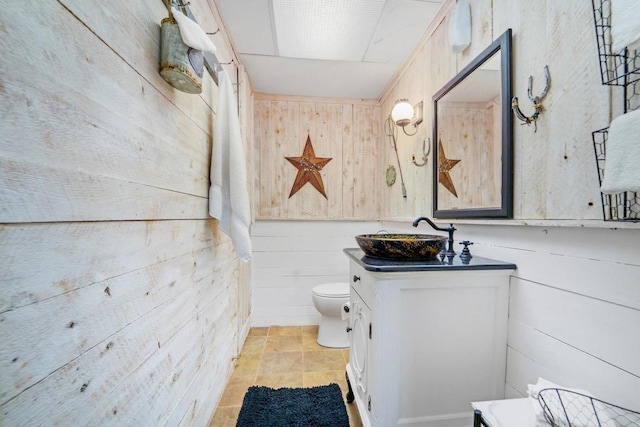 bathroom with wood walls, vanity, and toilet