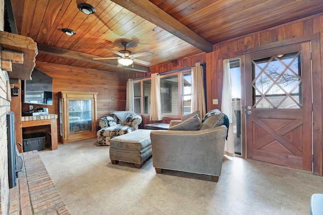 living room with wood ceiling, beam ceiling, and wood walls