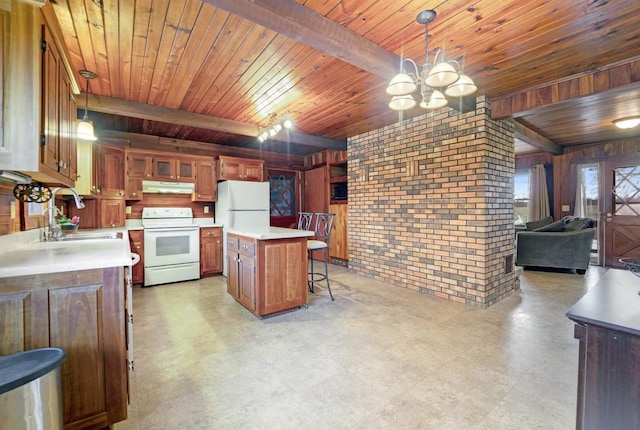 kitchen featuring white appliances, brick wall, beamed ceiling, light countertops, and a sink