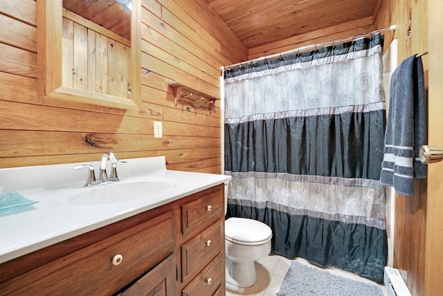 bathroom with a baseboard heating unit, wooden ceiling, wood walls, and toilet