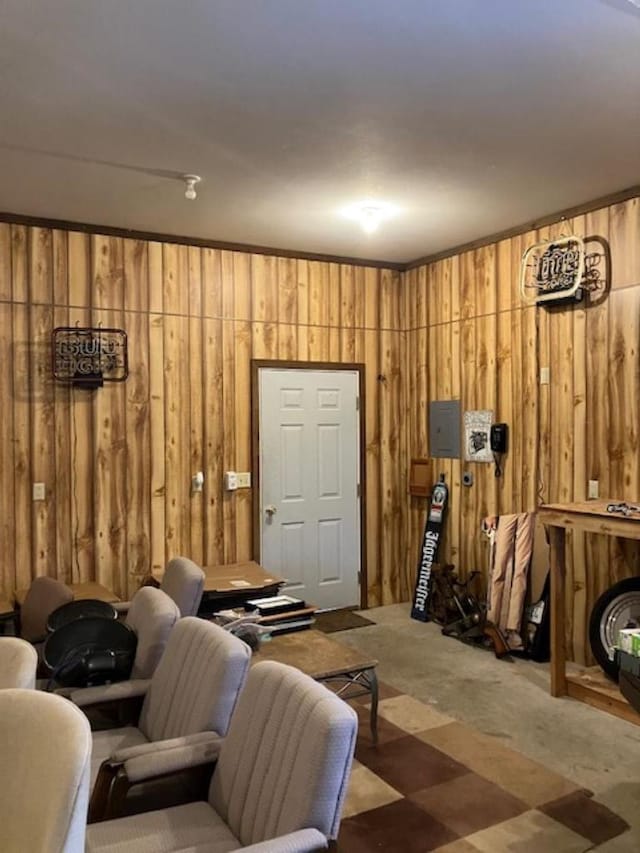 interior space featuring wood walls