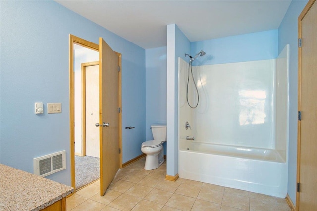 bathroom with visible vents, toilet, shower / tub combination, tile patterned flooring, and vanity