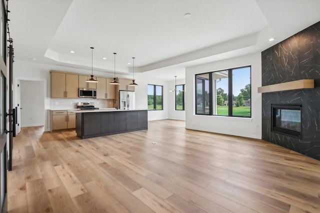kitchen with open floor plan, stainless steel appliances, a tray ceiling, and light wood-style floors
