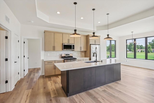 kitchen featuring a raised ceiling, light countertops, decorative backsplash, appliances with stainless steel finishes, and a sink