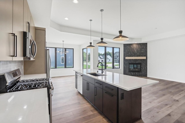 kitchen featuring stainless steel appliances, tasteful backsplash, light countertops, a premium fireplace, and a sink