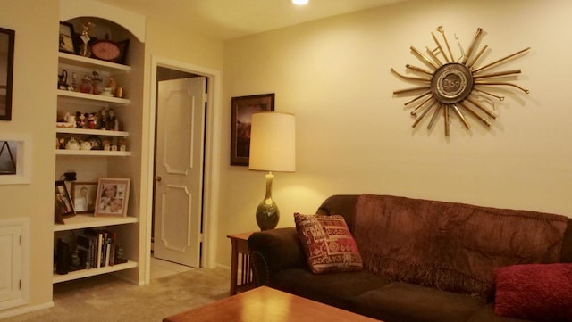 living room with carpet flooring and built in features