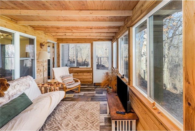 sunroom featuring beam ceiling and wooden ceiling