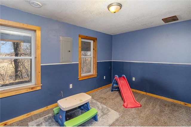 recreation room featuring electric panel, baseboards, carpet floors, and a textured ceiling