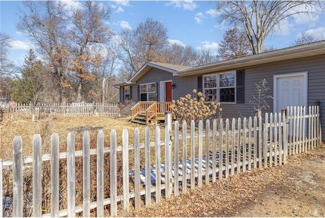 single story home featuring a fenced front yard