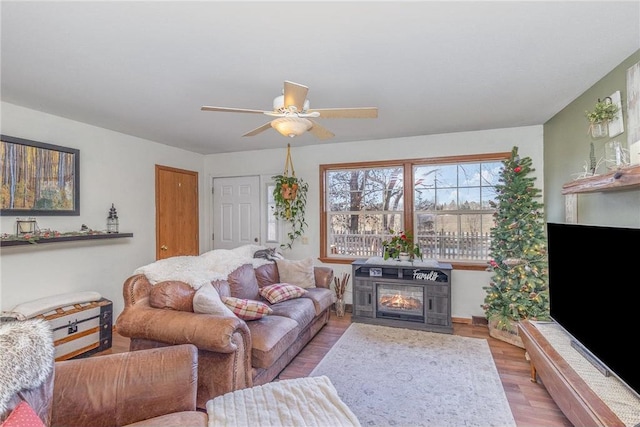 living area with a ceiling fan and wood finished floors