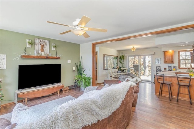 living room with ceiling fan and light wood-style flooring