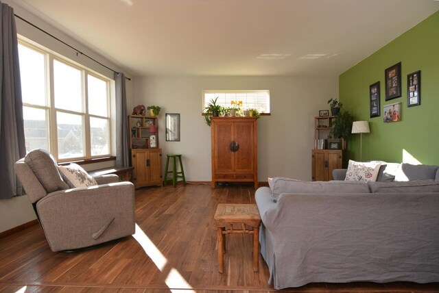 living room featuring a wealth of natural light, baseboards, and wood finished floors