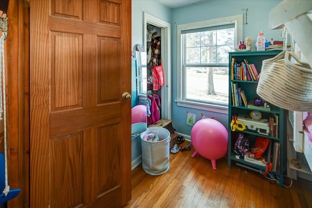 playroom with a wealth of natural light and hardwood / wood-style flooring