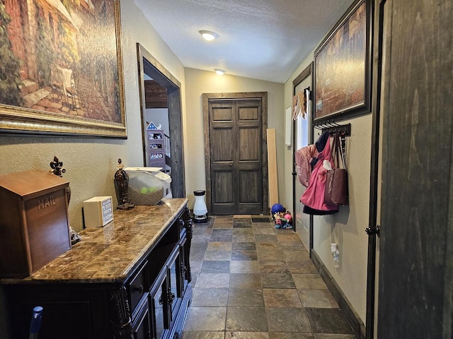 foyer with baseboards, a textured wall, stone finish flooring, vaulted ceiling, and a textured ceiling