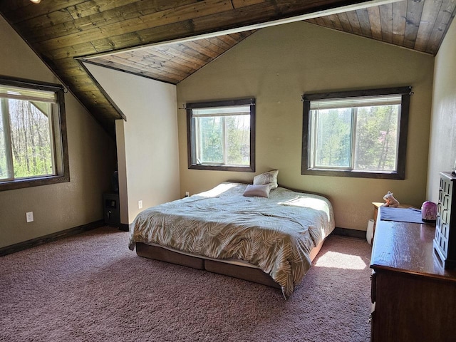 bedroom featuring carpet floors, lofted ceiling, wood ceiling, and baseboards