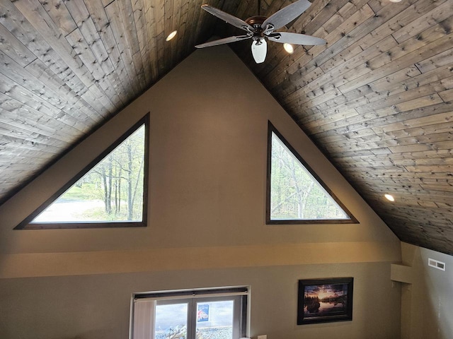 room details featuring a ceiling fan, wooden ceiling, visible vents, and recessed lighting