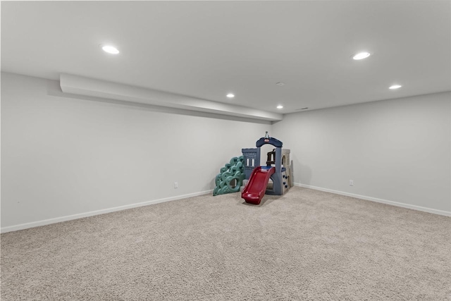 game room featuring baseboards, carpet floors, and recessed lighting