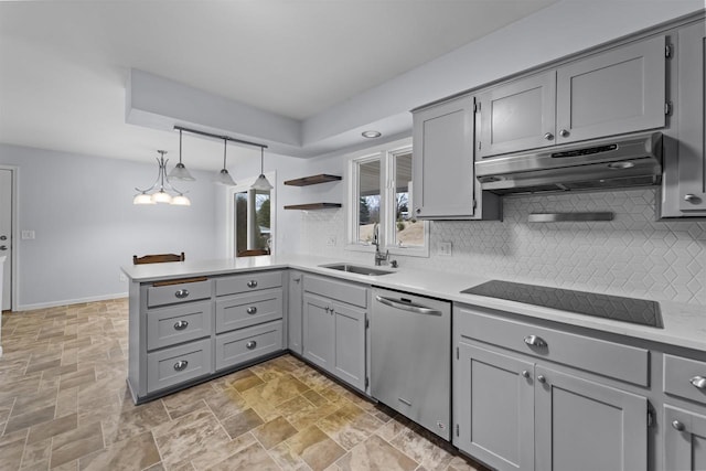 kitchen featuring black electric stovetop, gray cabinets, stainless steel dishwasher, under cabinet range hood, and a sink