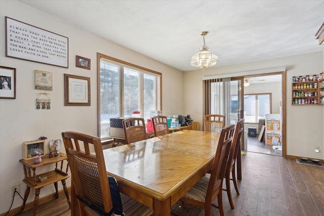 dining area with a healthy amount of sunlight, dark wood finished floors, and baseboards