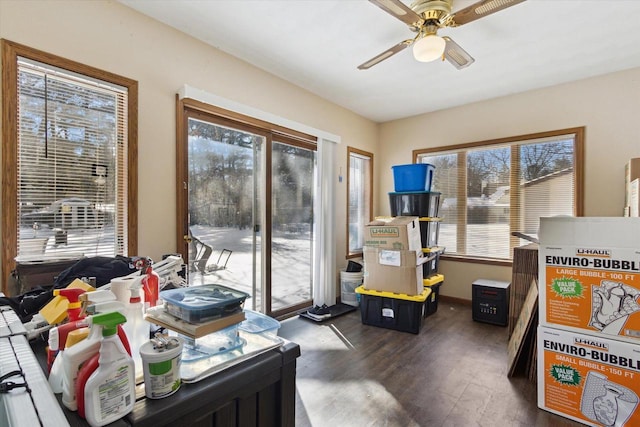 interior space with a ceiling fan, dark wood finished floors, plenty of natural light, and baseboards