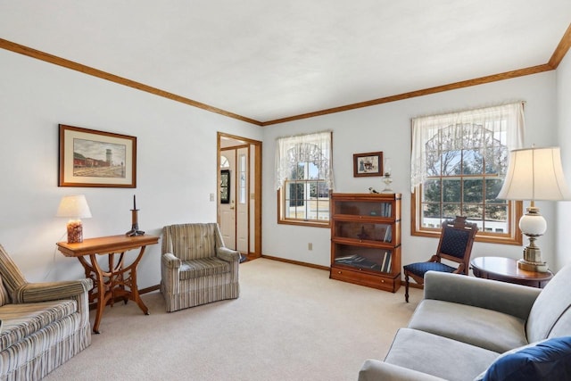 living room featuring light carpet, baseboards, and a healthy amount of sunlight