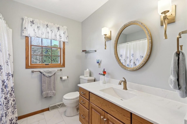 bathroom with baseboards, visible vents, toilet, marble finish floor, and vanity