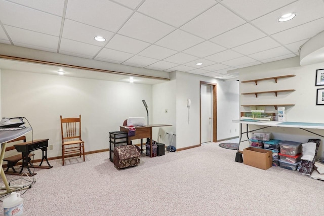 interior space with carpet, baseboards, and recessed lighting