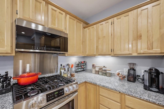 kitchen featuring appliances with stainless steel finishes, light stone countertops, and light brown cabinetry