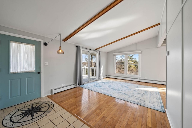 entryway featuring a baseboard heating unit, lofted ceiling with beams, and hardwood / wood-style flooring