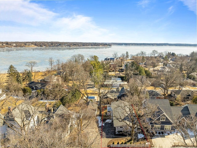 bird's eye view with a water view