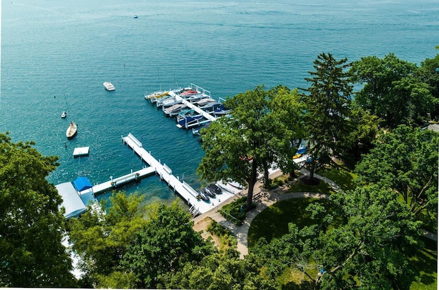 birds eye view of property with a water view