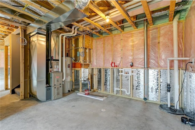 unfinished basement with water heater and heating unit